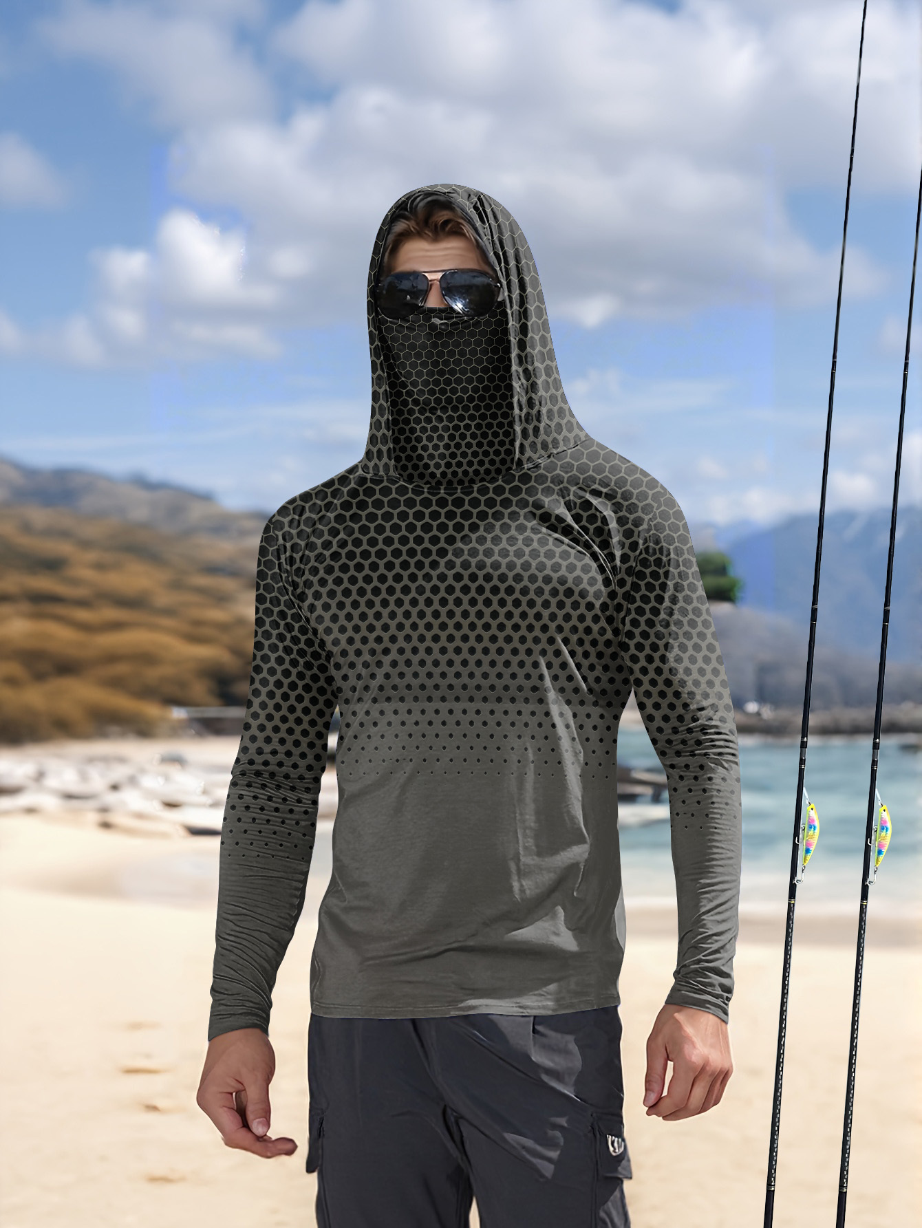 Fishing Mask Sun Protection - Herren Sommer-Angel-Hoodie mit Gesichtsmaske, grauer Wabenmusterdruck,